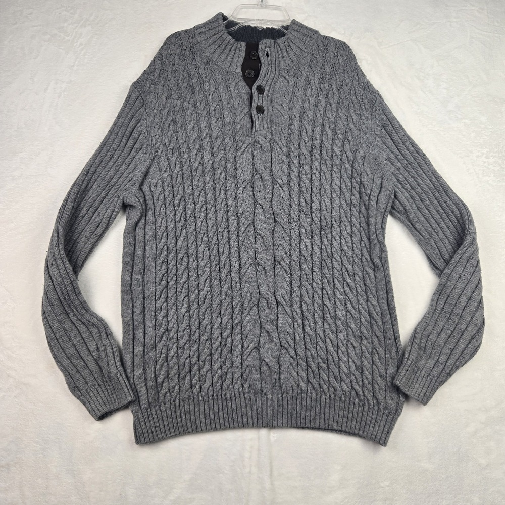 Tasso Elba Mens Gray Cable Knit Sweater Size XL 1/4‎ Button Mock Neck